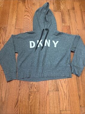 DKNY Heather Gray Logo Hooded Pullover